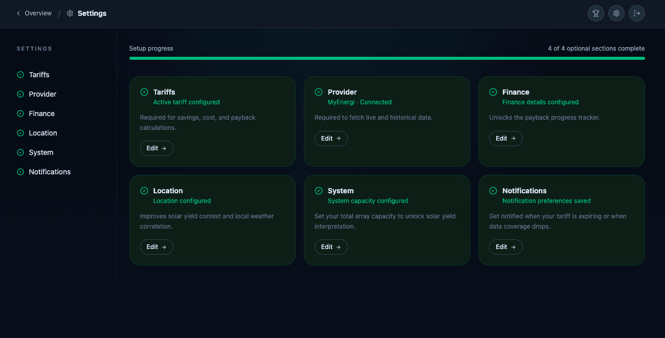 Setup overview — Tariffs, Provider, Finance, Location, System and Notifications all in your control.