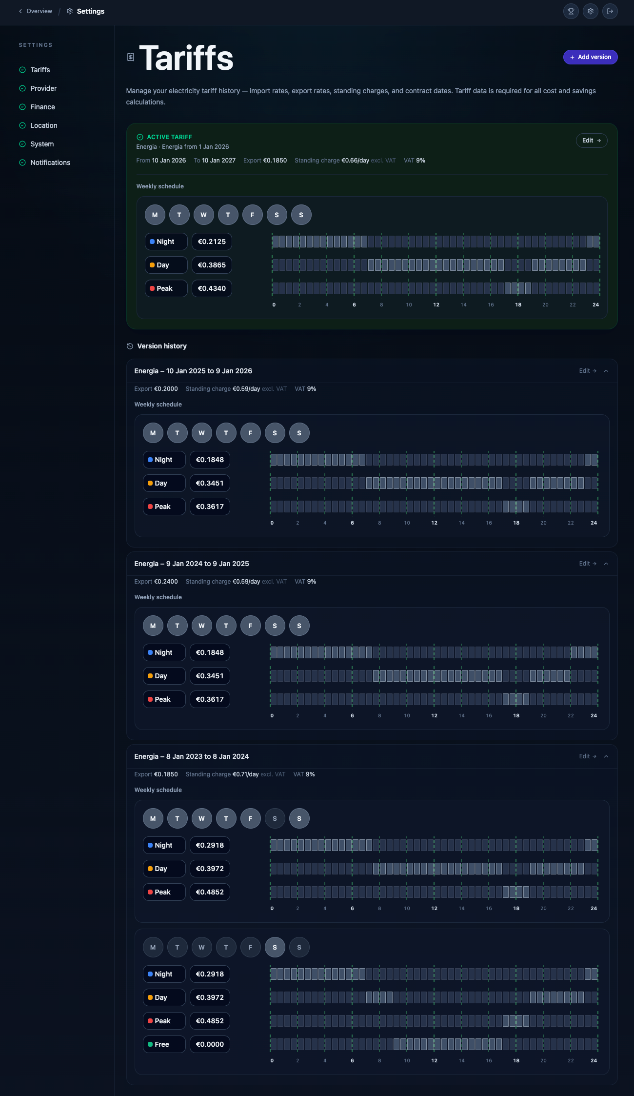 Tariff management — day, night and peak rates with weekly schedule